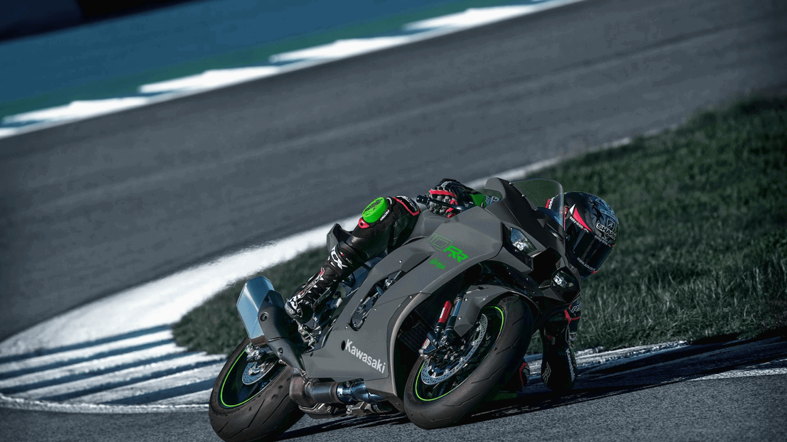 A Kawasaki Ninja ZX-10RR being ridden on track