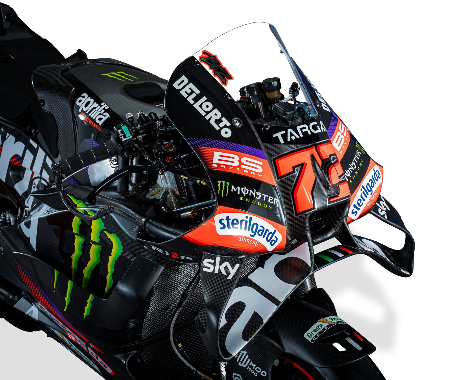 Logotipo de Monster Energy en la moto Aprilia MotoGP de Marco Bezzecchi.